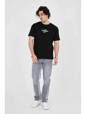 Erkek Baskılı T-Shirt Kısa Kol Bisiklet Yaka Regular Fit Rahat Kalıp Günlük Tişört - Siyah