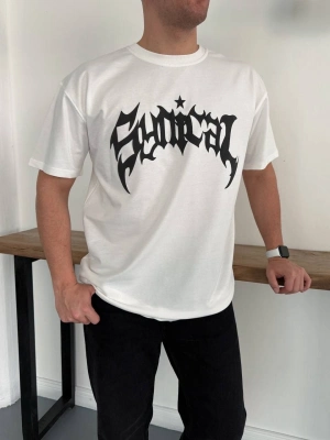 Erkek Bisiklet Yaka Ön Baskılı Kısa Kollu Tişört Streetwear Günlük Basic Pamuklu T-shirt - Beyaz