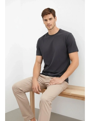 Erkek Bisiklet Yaka Tişört Regular Kalıp Basic Pamuklu Günlük Kullanım T-shirt - Füme