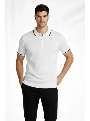 Erkek Fermuarlı Yaka Fitilli Triko Kısa Kollu Regular Fit Tişört T-shirt - Beyaz