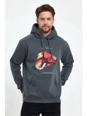 Erkek 3 İplik Pamuklu Kapüşonlu Cepli Boks Eldiven Baskılı Hoodie Sweatshirt - Füme