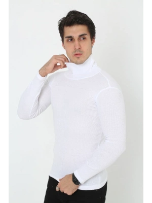 Erkek Kaşkorse Boğazlı Full Likralı Fitilli Body Kazak - Beyaz
