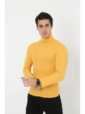 Erkek Kaşkorse Boğazlı Full Likralı Fitilli Body Kazak - Sarı
