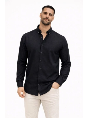 Erkek KETEN Kumaş Oversize Uzun Kollu Rahat Kalıp Gömlek - Siyah