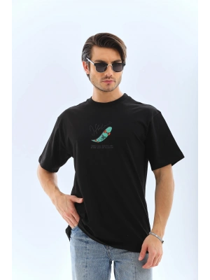 Erkek Kısa Kol Yazlık Tişört Bisiklet Yaka Baskılı Oversize T-Shirt - Siyah