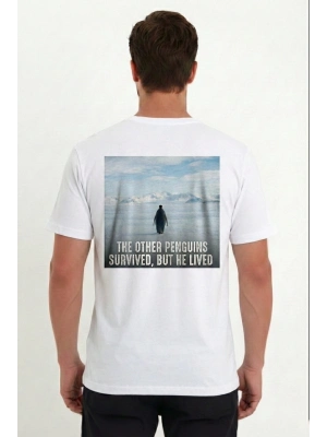 Erkek Oversize Tişört - Sırt Baskılı Survivor Penguin Temalı, Felsefi Yazılı Bisiklet yaka Tişört - Beyaz