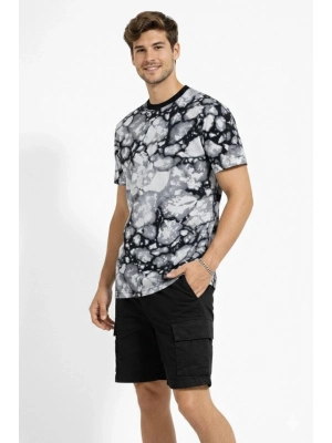 Erkek Siyah Gri Taş Desenli Tişört – Regular Fit, Bisiklet Yaka, Dijital Baskılı Modern Tasarım T-Shirt - Siyah