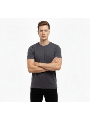 Erkek T-Shirt Bisiklet Yaka Slim Fit dar kesim Likralı Tişört Günlük Basic Body - Füme