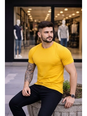 Erkek T-Shirt Bisiklet Yaka Slim Fit dar kesim Likralı Tişört Günlük Basic Body - Sarı