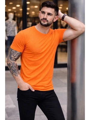 Erkek T-Shirt Bisiklet Yaka Slim Fit dar kesim Likralı Tişört Günlük Basic Body - Turuncu
