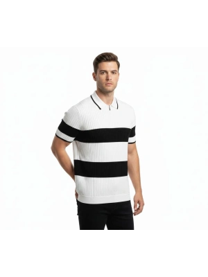 Erkek T-shirt Çizgili Triko Dokuma Kumaş Polo Yaka Yarım Fermuarlı Regular Kalıp Tişört - Beyaz