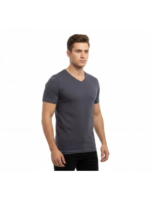 Erkek T-Shirt V Yaka Slim Fit dar kesim Likralı Tişört Günlük Basic Body - Füme