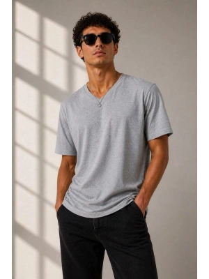 Erkek V Yaka Basic Tişört Kısa Kol Yazlık Regular Fit T-Shirt - Gri