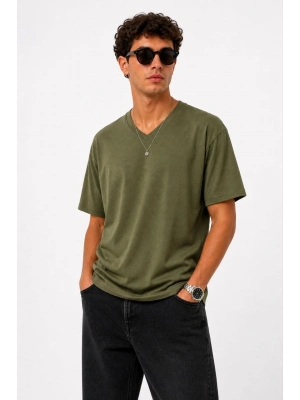 Erkek V Yaka Basic Tişört Kısa Kol Yazlık Regular Fit T-Shirt - Haki