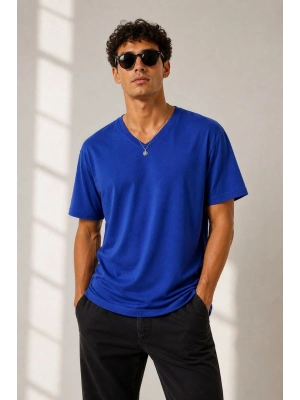 Erkek V Yaka Basic Tişört Kısa Kol Yazlık Regular Fit T-Shirt - Saks Mavisi