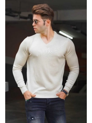 Erkek V Yaka Kazak Uzun Kol Düz Dokuma Triko - Krem