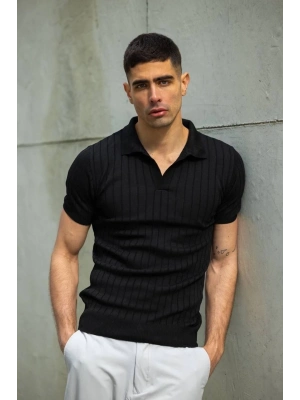 Erkek  V Yakalı Triko T-Shirt - Siyah