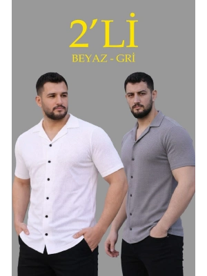 Erkek Waffle Dokuma Açık Yakalı Düğmeli Regular Kalıp 2’li Gömlek Seti - Beyaz  Gri