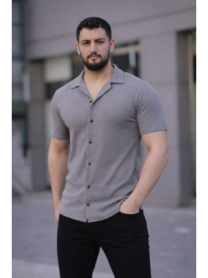 Erkek Waffle Kumaş Kısa Kollu Düğmeli Açık Yaka Regular Fit Gömlek - Gri