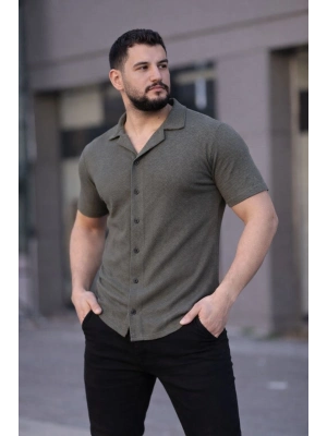Erkek Waffle Kumaş Kısa Kollu Düğmeli Açık Yaka Regular Fit Gömlek - Haki