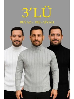Fitilli Triko Kazak 3lÜ Set Beyaz Gri Siyah