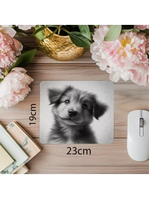 Fluffy Puppy Karakalem Çizimli Mouse Pad - 19x23 cm 2 mm Dikdörtgen İthal Baskılı Mouse Pad