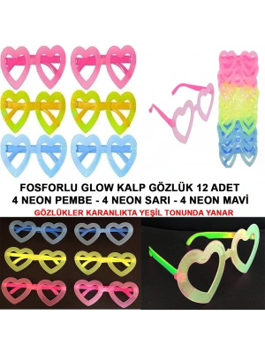Fosforlu Kalp Model Glow Parti Gözlüğü Karanlıkta Yanan Gözlükler 12 Adet
