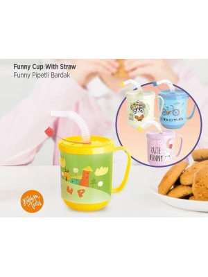 Funny Pipetli Çocuk Içecek Bardağı Desenli Bardak 350ml