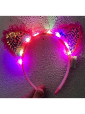 Fuşya Pullu Led Işıklı Kedi Kulak Taç
