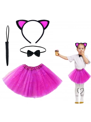 Fuşya Renk Etekli Kedi Kostüm Seti (tütü, Taç, Papyon, Kuyruk)