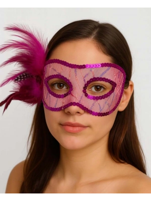 Fuşya Renk Yandan Tüylü Pul Payet İşlemeli Parti Maskesi 23x12 Cm