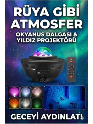 ® Galaksi Yıldız Projektörü ve Bluetooth Hoparlör 10 Renk Modlu Okyanus Dalgalı Gece & Disko ası
