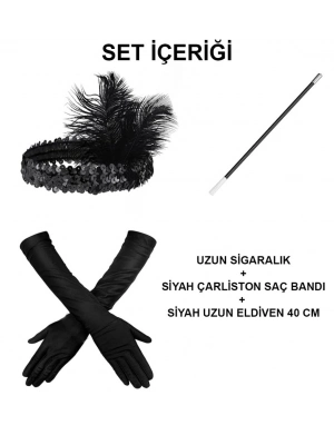 Gatsby Aksesuar Seti – Siyah Charleston Saç Bandı, Uzun Eldiven & Sigaralık