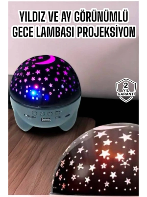 ® Gece Lambası Projeksiyon Görünümlü Şarjlı Yıldızlı Yuvarlak