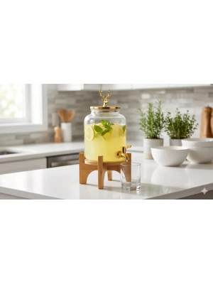 Geyik Figürlü Gold Lüks Cam İçecek Sebili - 3.6 Litre Bambu Standlı Meyve Suyu Kovası