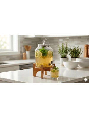 Geyik Figürlü Gümüş Lüks Cam İçecek Sebili - 3.6 Litre Bambu Standlı Meyve Suyu Kovası