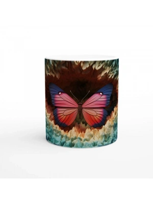 Gizemli Orman Dokusunda Pembe-Mavi Kanatlı Kelebek Baskılı Kupa Bardak