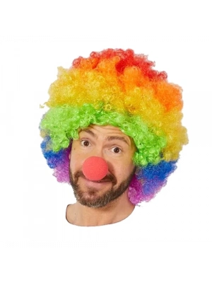 Gökkuşağı Afro Peruk ve Kırmızı Sünger Burun