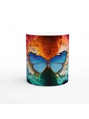 Gökkuşağı Dokusunda Parlayan Mavi Kelebek Baskılı Kupa Bardak