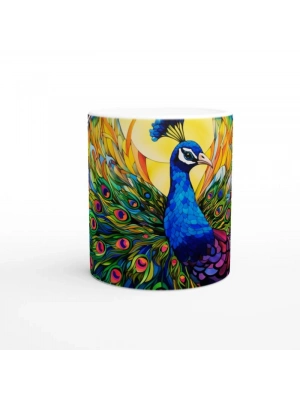 Gökkuşağı Kanatlı Tavus Kuşu Vitray Desenli Baskılı Kupa Bardak