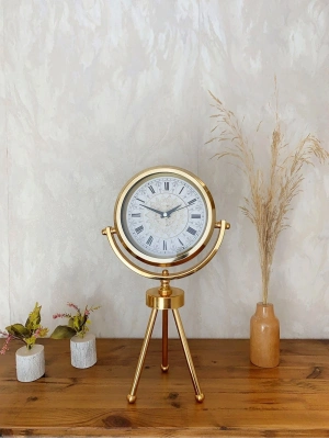® Gold Metal Mini Tripod Çini Desenli Roma Rakamı Masa Saati 45×26 cm