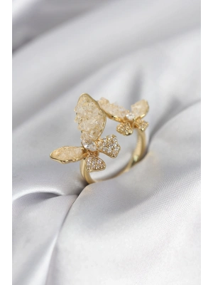 ® Gold Renk Beyaz Kelebek Model Zirkon Taşlı Kadın Yüzük