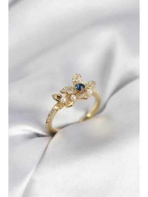 ® Gold Renk Çiçek Model Zirkon Taşlı Kadın Yüzük