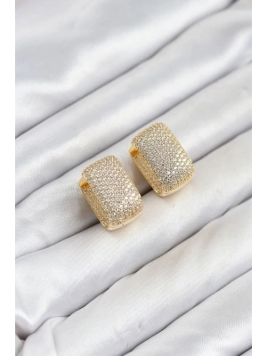 Gold Renk Full Zirkon Taşlı Kare Halka Kadın Küpe