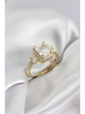 ® Gold Renk Kare Baget Zirkon Taşlı Tek Taş Model Kadın Yüzük
