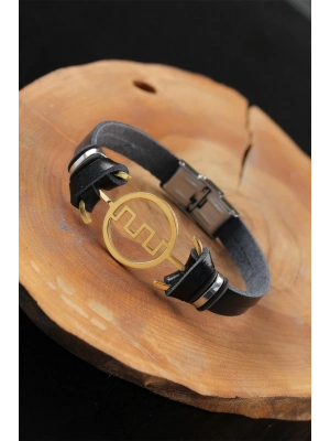 ® Gold Renk Metal Labirent Tasarım Siyah Renk Deri Erkek Bileklik