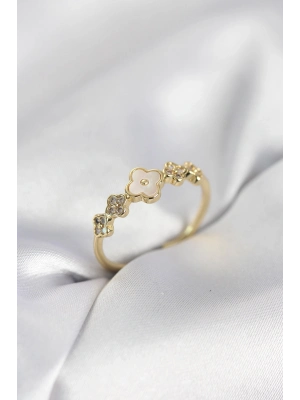 ® Gold Renk Minimal Yonca ve Zirkon Taşlı Kadın Yüzük