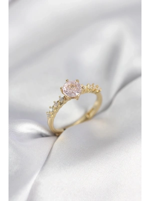 ® Gold Renk Pembe Tek Taş Model Zirkon Taşlı Kadın Yüzük