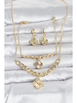 Gold Renk Pirinç Kolye Bileklik ve Küpe Seti