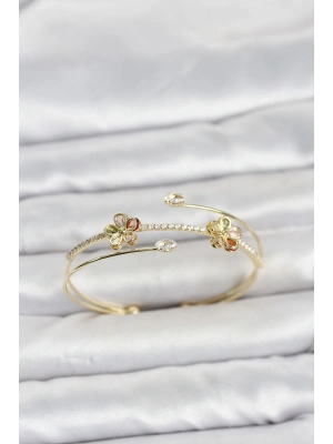 Gold Renk Pirinç Zirkon Taşlı Çiçek Model Kadın Bileklik